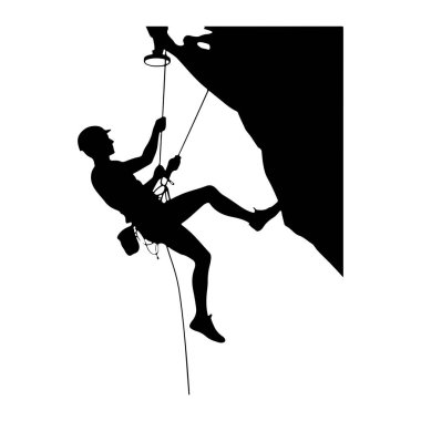 Kask takan ve koşum takımı takan birinin siyah silueti dik bir kaya yüzeyinden iple inerken görülüyor. Dağcı kayanın tepesindeki çapa noktasına bağlı bir iple asıldı. Görüntü, siyah-beyaz bir tasvir.