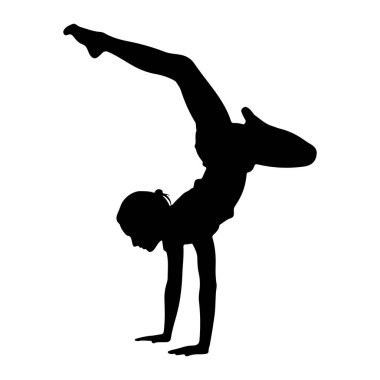 Beyaz bir arka plana karşı amuda kalkan genç bir adamın siyah silueti. Bireyin elleri üzerinde dengesi vardır, bacakları yukarı doğru uzanır ve dizleri üzerine çöker. Siluet, vücudun duruşunu ve dinamiğini açıkça belirler.