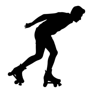 Beyaz bir arka planda paten üzerinde hareket eden siyah bir siluet. Şekil, denge için kollarını hafifçe uzatarak öne doğru eğiliyor. Patenlerin birden fazla tekerleği var..