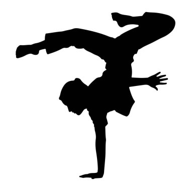 Bir kişinin siyah silueti, akrobatik dans pozu veren bir hareketin ortasında yakalanır. Şekil bir elde dengelenmiş, gövdesi kavisli ve bacakları yukarı ve dışarı doğru uzanmış. Siluet, düz beyaz bir arkaplanda, Em.