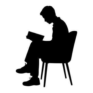 Sandalyeye oturup kitap okuyan siyah bir genç silueti. Yüzü aşağıya bakıyor, açık kitabın sayfalarına odaklanmış. Sandalyenin ince bacaklı modern bir tasarımı var. Arkaplan düz beyaz, deneği izole ediyor..