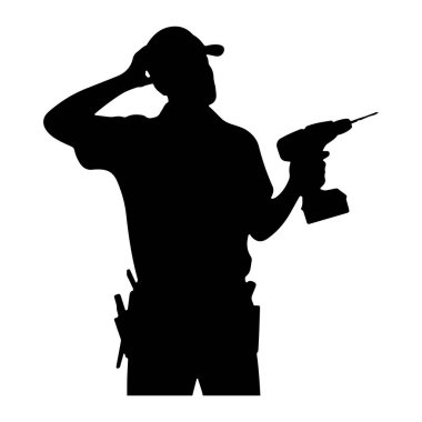 Beyaz arka planda, kep ve alet kemeri takan bir kişinin siyah silueti tasvir edilir. Kişi, sağ elinde kablosuz matkap tutuyor ve sol eliyle başını kaşıyormuş gibi görünüyor. 