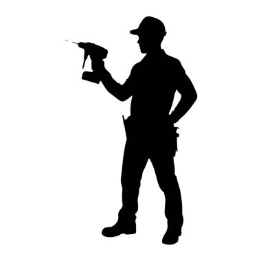 Şapka ve iş kıyafetleri giyen bir adamın siyah silueti sağ elinde matkap tutuyor. Belinde alet kemeri var. Sol eli kalçasındaydı. Arkaplan beyaz.
