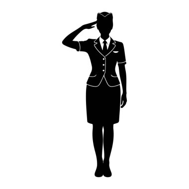 Hostes üniforması giymiş siyah bir kadın silueti hazır ola geçmiş selam veriyor. Şapka takıyor, kravat takan yakalı bir gömlek borulu bir ceket ve diz boyu bir etek giyiyor. Sağ elini alnına doğru kaldırıyor.