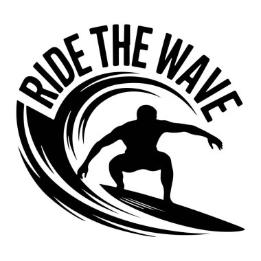 Dalgalarda sörf yapan siyah bir siluet. Sörfçü, denge için kollarını açmış bir sörf tahtasının üzerine çömelmiş. Dalga, dinamik çizgilerle şekillendirilmiş, eğik bir şekil olarak tasvir edilir ve yine siyahtır. 