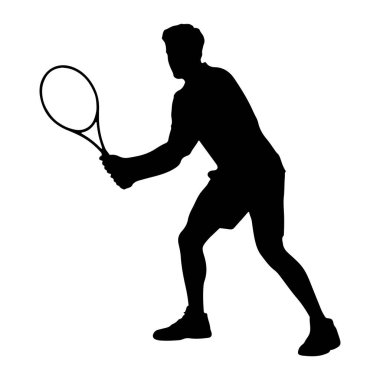 Beyaz bir arkaplan karşısında hareket halindeki bir erkek tenisçinin siyah silüeti. Oyuncu dinamik bir pozla tasvir ediliyor, elinde bir tenis raketi tutuyor ve topa vurma sürecindeymiş gibi görünüyor. Atletik şort ve tişört giyiyor, ince zeka.