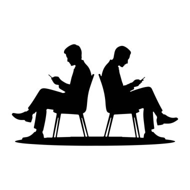 Siyah bir siluet iki adamı birbirine dönük olarak sandalyede otururken resmediyor. İki adam da telefonlarına bakıyor, onları ellerinde tutuyor ve cihazlarla meşgul görünüyorlar. Siluetler beyaz bir arkaplana karşı çok net.