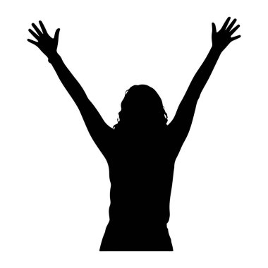 Kollarını başının üstüne kaldırmış, elleri açık siyah bir kadın silueti. Saçları dalgalı ve sırtına dökülüyor. Siluet, beyaz bir arkaplanda izole edilmiş ve katı bir zıtlık yaratıyor. Poz bir sevinç, zafer ya da...
