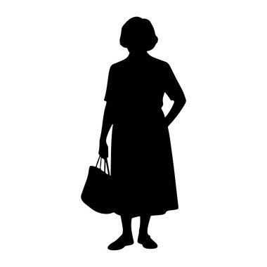 Beyaz arka planda duran siyah bir kadın silueti. O bir elbise giyiyor ve sol elinde bir çanta tutuyor. Sağ eli kalçasında..