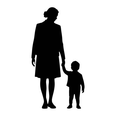 Siyah bir kadın silueti, daha küçük siyah bir çocuk siluetinin elini tutuyor. Kadın daha uzun boylu ve uzun bir ceket ya da elbise giyiyor gibi görünüyor. Çocuk onun yanına konulmuş, elini tutuyor. Arkaplan düz beyaz.