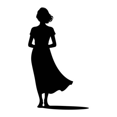 Sırtı kısmen dönük, omzunun üzerinden bakan siyah bir kadın silueti. O, bir esintiye yakalanmış gibi görünen uzun, dalgalı bir elbise giyiyor. Onun saçı kısa ve şekilli. Beyaz sırtında belirgin bir gölge var.