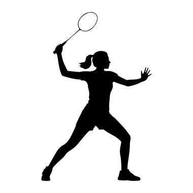 Badminton oynayan bir kadının siyah silueti beyaz arka planda resmedilir. Dinamik bir pozisyonda, salıncağın ortasında, kafasının üstünde bir raketle vurmaya hazır. Vücudu açılı, bir bacağı önde ve eğik,
