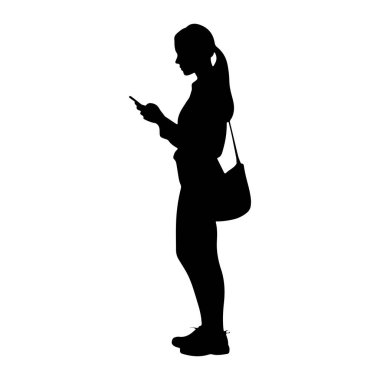 Elinde tuttuğu bir cep telefonuna bakıp duran siyah bir siluet. Onun vücudunda bir at kuyruğu ve bir omuz çantası var. Siluet beyaz bir arkaplanda izole edilmiş..