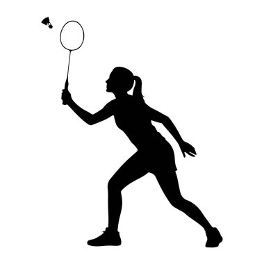 Badminton oynayan bir kadının siyah silueti beyaz arka planda resmedilir. Hareketin ortasında, havadaki bir topa vurmak için badminton raketi sallıyor. Vücudu açılı, bir bacağı önde ve diğeri eğik.