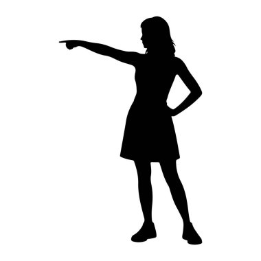 Sol kolu uzamış ve solu işaret eden siyah bir kadın silueti. Sağ eli kalçasının üstünde. O, kısa bir elbise ve ayakkabı giyiyor. Arkaplan beyaz.