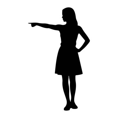 Siyah bir kadın silueti sol kolu açık duruyor ve işaret parmağıyla öne bakıyor. Sağ eli kalçasına yerleştirilmiş. O bir etek giyiyor ve gösterdiği yöne bakıyor gibi görünüyor. Arkaplan saf ne