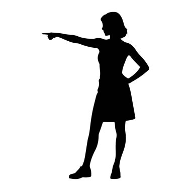 Siyah bir kadın silueti beyaz bir arkaplanda duruyor. Sola bakıyor ve sağ işaret parmağını şu yöne doğru işaret ediyor. Sol eli kalçasına yerleştirilmiş. Kısa bir elbise ve ayakkabı giyiyor..