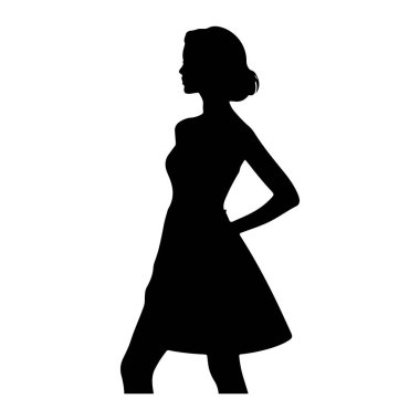 Beyaz bir arkaplan karşısında profilde duran siyah siluet bir kadın. O diz boyu bir elbise giyiyor ve bir eli kalçasında. Onun saçı bir şilin içinde şekillendirilmiş. Görüntü, zarif bir P 'deki bir kadın figürünün temiz ve grafik bir temsili.