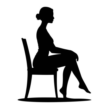 Basit bir sandalyede profilde oturan siyah bir kadın silueti. Saçları topuz şeklinde ve bacakları çapraz. O yalınayak ve ayakları görünür. Arkaplan düz beyaz.