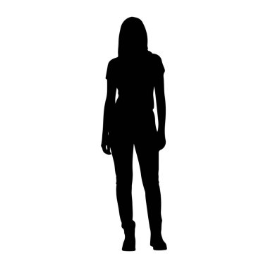 Beyaz arka planda duran bir kadının tüm vücut silueti. Bu figür tamamen siyah, tişört giyen ve ayakkabılı pantolon giyen birini tasvir ediyor. Siluet, insan formunun açık bir ana hatları..