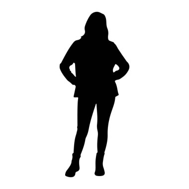 Beyaz arka planda duran siyah bir kadın silueti. Tepeden tırnağa, elleri kalçasında tasvir ediliyor. Silüet, onun pantolonunu ve ceketini giydiğini gösteriyor, ayaklarında çizmeleri var. Görüntü temiz ve izole bir grafikti.