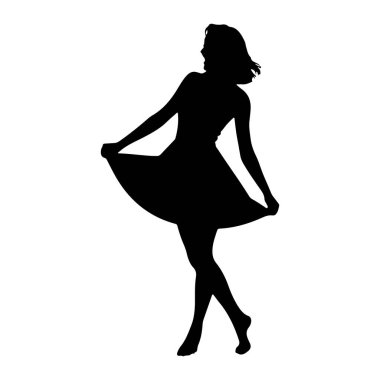 Beyaz arka planda siyah bir kadın silueti tasvir edilir. Dinamik bir pozla gösteriliyor, kolları dışa doğru açılıyor, alevli elbisesinin kenarını tutuyor. Kafası hafifçe geriye doğru eğilmiş ve vücudu sanki ortalarındaymış gibi konumlanmış.-