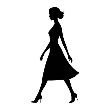 Profilde siyah siluet bir kadın, sola doğru yürüyor. O şık, diz boyu bir elbise giyiyor, alevli bir eteği ve yüksek topuklu ayakkabıları var. Saçları topuz şeklinde. Arkaplan düz beyaz.