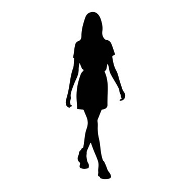 Beyaz bir arka planda yürüyen siyah bir kadın silueti. O, kısa bir elbise ve ayakkabı giyiyor. Kolları hafifçe yana doğru uzanıyor, ve bacakları yürüyen bir adımda. Silüet temiz ve iyi tanımlanmış.