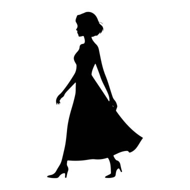 Profilde siyah siluet bir kadın, sola doğru yürüyor. Uzun, dalgalı, zarif bir elbise ve yüksek topuklu ayakkabılar giyiyor. Onun saçı bir şilin içinde şekillendirilmiş. Arkaplan düz beyaz.