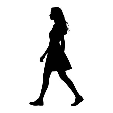 Beyaz arka planda soldan sağa doğru yürüyen siyah bir kadın silueti. Kısa bir elbise giyiyor ve uzun, dalgalı saçları var. Vücudu profilde, orta basamaklarda görünüyor..