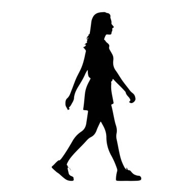Beyaz arka planda soldan sağa doğru yürüyen siyah bir kadın silueti. Onun uzun saçları ve kısa bir elbise ve ayakkabıları var. Yürürken kolları vücudundan hafifçe uzanıyor..
