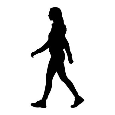 Beyaz arka planda soldan sağa doğru yürüyen siyah bir kadın silueti. Profilde bedeni hareket halindeyken tasvir ediliyor. O, tayt ve spor ayakkabıları da dahil olmak üzere günlük spor giysileri giyiyor gibi görünüyor. Onun uzun saçları arkasında akıyor. 