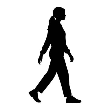 Beyaz bir arka planda soldan sağa doğru yürüyen siyah bir kadın silueti. O, saçını at kuyruğu ile geri çektirdi ve pantolon ve uzun kollu bir gömlekten oluşan günlük giysiler giyiyor. Kolları kız kardeşinin yanında rahat.