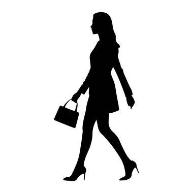 Beyaz arka planda soldan sağa doğru yürüyen siyah bir kadın silueti. O bir elbise ya da ceket ve yüksek topuklu ayakkabılar giyiyor ve sol elinde bir el çantası taşıyor. Saçları uzun ve sırtından aşağı akıyor. Siluet temiz ve temiz. 