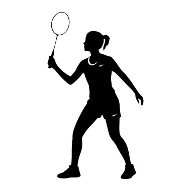 Siyah bir badminton oyuncusu silueti. Aksiyonun ortasında. Kafasının üstünde raket tutuyor. O, atletik şort ve bir atkuyruğu görünür bir atlet bluzu giyiyor. Silüet düz beyaz bir arkaplan üzerine kurulur