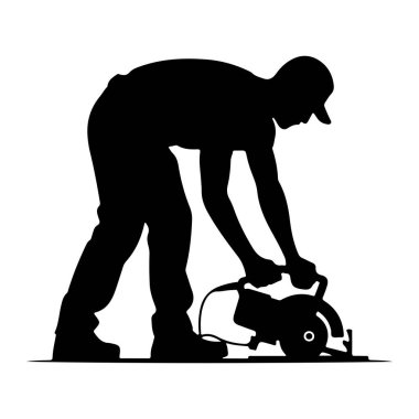 Şapka ve pantolon giyen, eğilip dairesel testere kullanan siyah bir siluet. Testere düz bir yüzeye yerleştirilmiş ve kişinin elleri aleti kavrıyor. Görüntü temiz, izole edilmiş bir grafik çizimi..