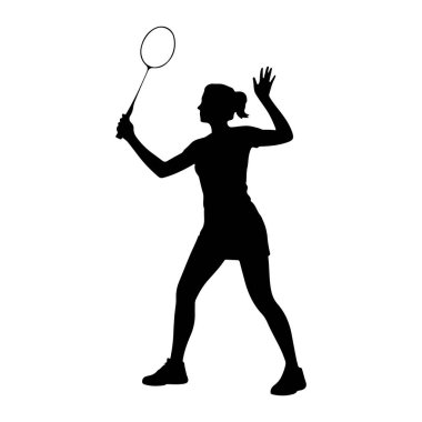 Badminton oynayan bir kadının siyah silueti beyaz arka planda resmedilir. Aksiyonun ortasında, kafasının üstünde bir badminton raketi tutuyor, vurmaya hazır. Vücudu açılı, bir bacağı önde, diğeri arkada, bu da hareket eden adamları işaret ediyor.