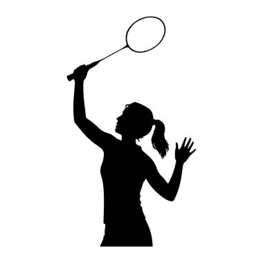 Badminton oynayan siyah bir kadın silueti. Bir kolu başının üstünde bir badminton raketi tutarak, hizmet etmeye ya da vurmaya hazırlanırken, hareketin ortasında yakalandı. Diğer kolu dışa doğru uzanıyor ve vücudu hareket ediyormuş gibi açılı. Şey... 
