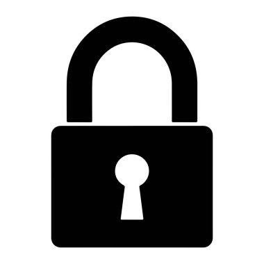 Bir asma kilidin basit siyah silueti beyaz bir arkaplanda sergilenir. Asma kilit yuvarlak bir üst prangaya ve ortasında anahtar deliği olan dikdörtgen bir gövdeye sahiptir. Anahtar deliği klasik bir kilit açılışı şeklinde..