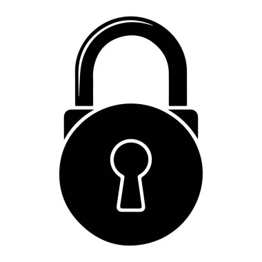 Siyah bir asma kilit silueti beyaz arka planda merkezlenir. Asma kilidin üzerinde U şeklinde bir pranga olan dairesel bir gövdesi var. Dairesel gövdenin merkezinden bir anahtar deliği şekli kesilir, beyaz olarak özetlenir.