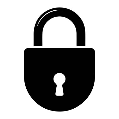 Bir asma kilidin basit siyah silueti beyaz bir arkaplanda sergilenir. Asma kilidin yuvarlak bir üstü ve kıvrımlı bir altı var. Kilidin ortasında beyaz bir anahtar deliği şekli görülebilir..