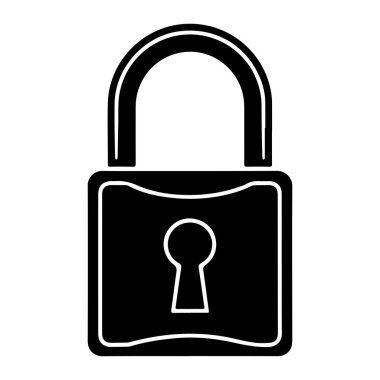 Bir asma kilidin siyah silueti beyaz arka planda tasvir edilir. Asma kilidin yuvarlak bir üst prangası olan dikdörtgen bir gövdesi var. Beyaz bir dış hat prangayı ve bedeni tanımlar ve vücudun ortasında beyaz bir anahtar deliği şekli görülebilir. T