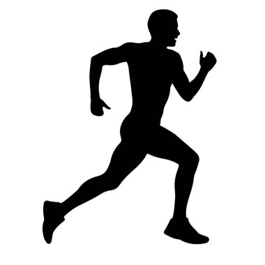 Hareket halindeki bir erkek atletin siyah silueti, koşarken orta basamakta yakalandı. Şekil, dinamik duruşu ve atletik biçimi vurgulayan düz beyaz bir arkaplan üzerine tasvir edilmiştir. Silüet açıkça vücudun kas yapısını ve...