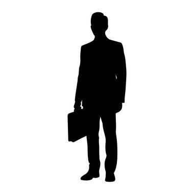 Bir adamın siyah silueti sol elinde bir evrak çantasıyla öne doğru bakıyor. Ceketi, gömleği, pantolonu ve ayakkabısı olan bir takım elbise giyiyor. Arkaplan düz beyaz.