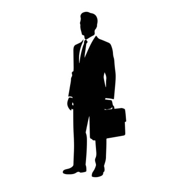 Siyah silueti olan bir adam öne bakıyor. Kravatlı bir takım elbise giyiyor ve sağ elinde bir evrak çantası taşıyor. Arkaplan beyaz.