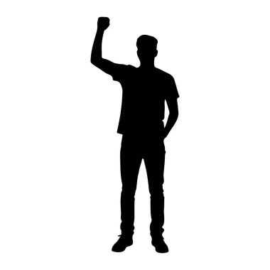 Siyah bir siluet sağ kolu havada, yumruğunu sıkmış bir adam. Sol eli cebinde duruyor. O bir tişört ve pantolon giyiyor. Resim beyaz bir arkaplanda izole edilmiştir.