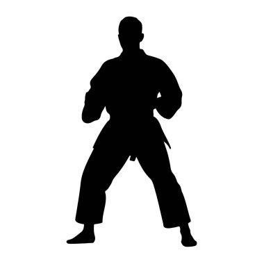 Dövüş sanatları üniforması içindeki siyah bir siluet, muhtemelen bir gi, hazır ya da savunmacı bir duruştadır. Şekil beyaz bir arkaplan üzerinde izole edilmiş, bacaklar açık ve kollar vücudun önünde konumlandırılmış, bu da c için hazırlık anlamına gelir