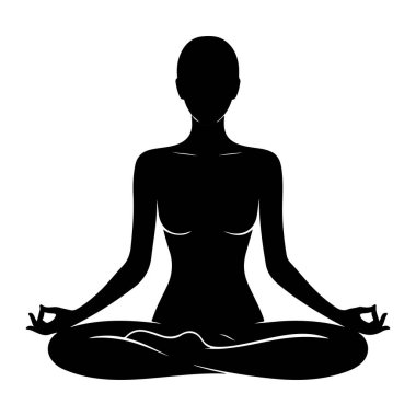 Bir kadının siyah silueti meditasyon pozuyla tasvir edilir. Ayaklarını nilüfer pozisyonunda kavuşturarak oturur, elleri dizlerinin üzerinde uzanır ve parmakları bir mudra oluşturur. Şekil, koyu siyah renkte beyaz bir arka Grou 'ya karşı yapılmış.