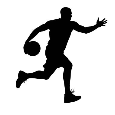 Beyaz arka planda hareket eden siyah bir basketbol oyuncusunun silüeti. Oyuncu, sol eliyle top sürerken orta adımda tasvir ediliyor. Sağ kolu dışa doğru uzanıyor ve vücudu öne doğru açılı.
