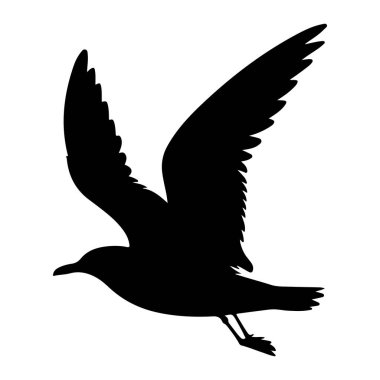 Uçuşun ortasında beyaz bir zemine karşı saf siyah bir martı silueti. Kuşun kanatları genişçe açılır ve tüylerinin uçları görünür. Vücudu aerodinamik, ve bacakları hafifçe altına sokulmuş, bu da bir his veriyor.